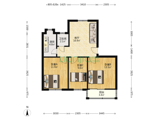 瑞园小区 3室1厅1卫 78平方