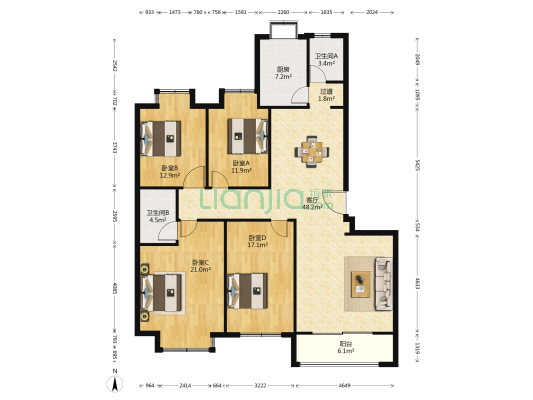 蓝天绿园 4室1厅2卫 170平方