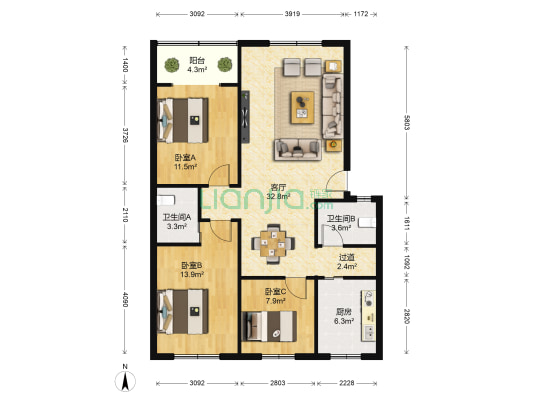 政府教师楼 3室1厅2卫 104平方