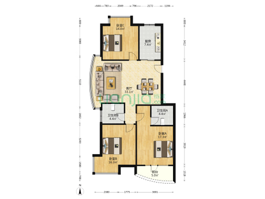 春江花园 3室1厅2卫 131平方