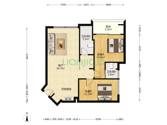 信德上城名邸 2室1厅2卫 103平方