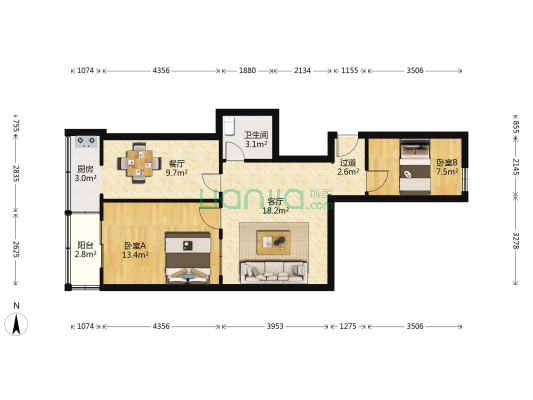 煤气公司宿舍 2室2厅1卫 73平方