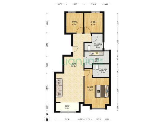 雅韵园 3室1厅2卫 100平方