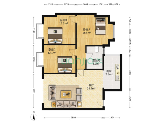 顺风港 3室1厅1卫 102平方