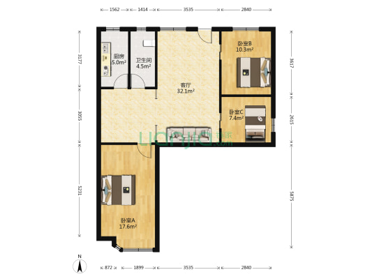 瑞金北路127号 3室1厅1卫 91平方