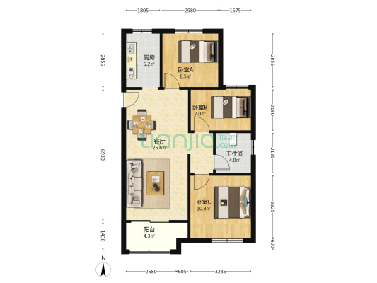 松南城茶亭景苑 3室1厅1卫 92平方