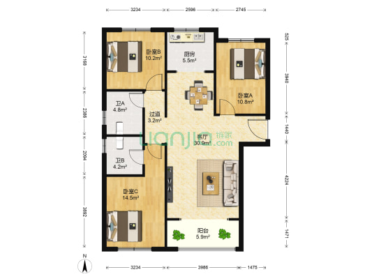 上东城东区 3室1厅2卫 130平方
