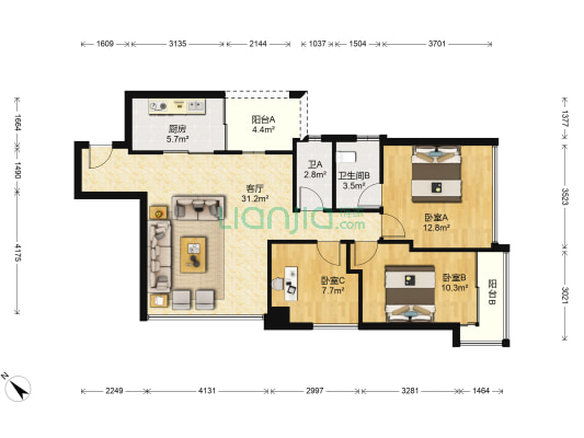 五羊华轩 3室1厅2卫 107平方
