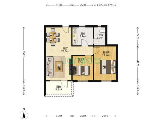富力新村 2室1厅1卫 66平方