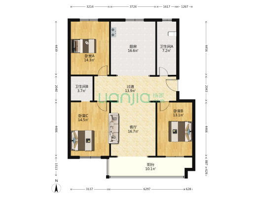 国泰民居 3室1厅2卫 132平方