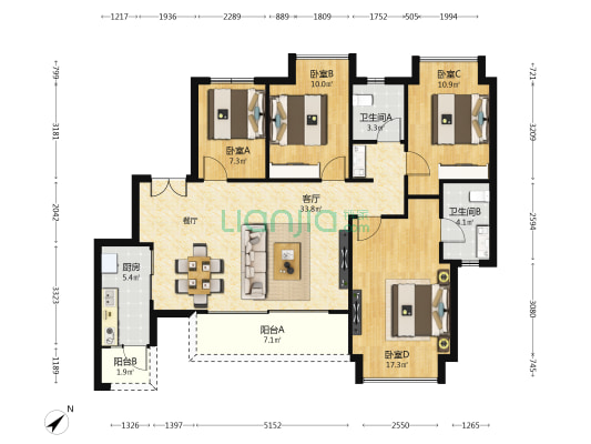 金科博翠山 4室1厅2卫 121平方