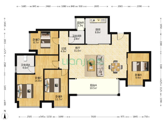 万科森林公园林漫 4室1厅2卫 131平方