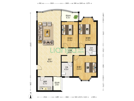 季華花圜绿景 3室1厅2卫 135平方