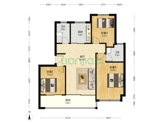 中海和山 3室1厅2卫 106平方