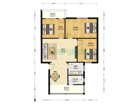 教师公寓 3室1厅1卫 103平方