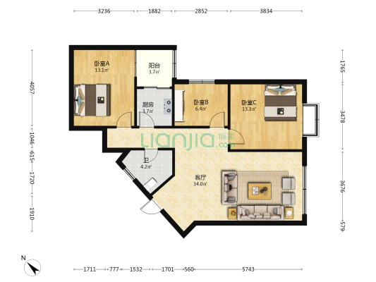 青年路452号 3室1厅1卫 86平方