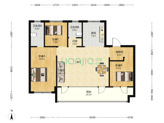 中南林清月 3室1厅2卫 127平方