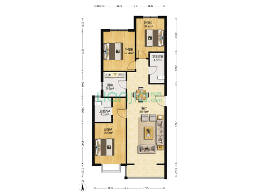 银河嘉苑三区 3室1厅2卫 124平方
