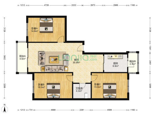 大自然家园 3室1厅1卫 139平方