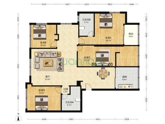 春晖路99号 4室1厅2卫 170平方