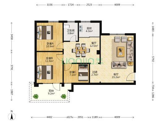 凤凰阁 3室2厅1卫 108平方