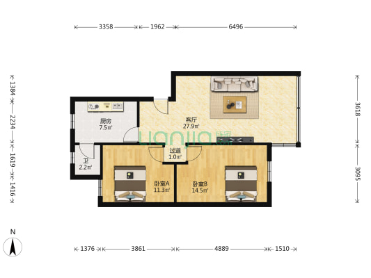 雅洁花园 2室1厅1卫 77平方