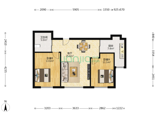 碧桂园太阳城剑桥郡 2室1厅1卫 91平方