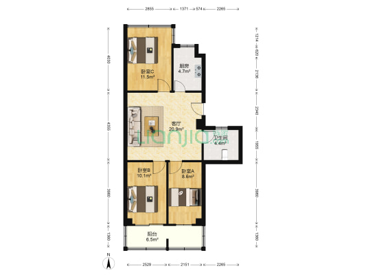 黄埔花园 3室1厅1卫 87平方