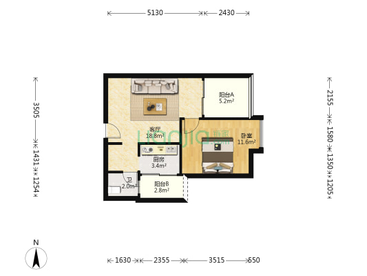 中旗哈佛中心 1室1厅1卫 61平方