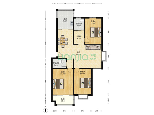 银杏家园 3室1厅2卫 122平方
