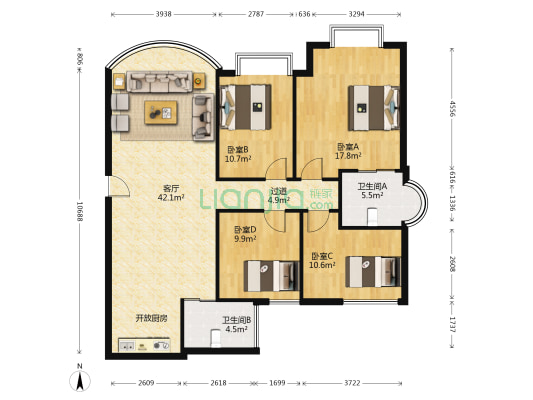 新理想华庭 4室1厅2卫 144平方