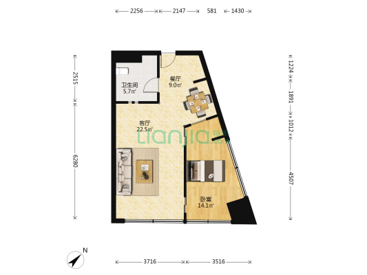 郡江国际 1室2厅1卫 89平方
