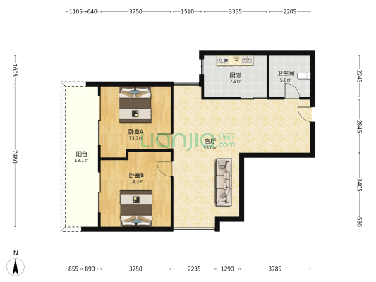 巴黎城小区 2室1厅1卫 120平方