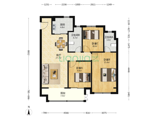 珑越东方花园 3室1厅2卫 115平方