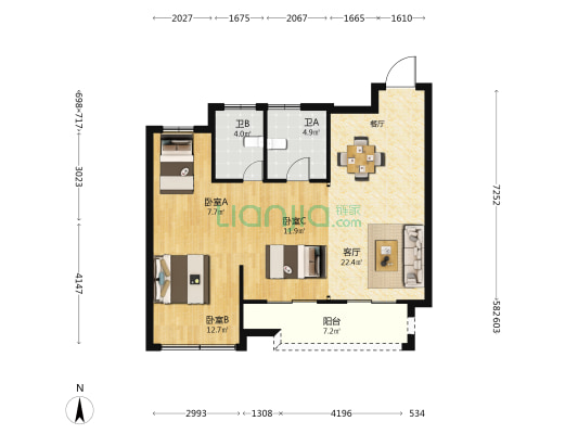 蔚蓝名苑 3室1厅2卫 93平方