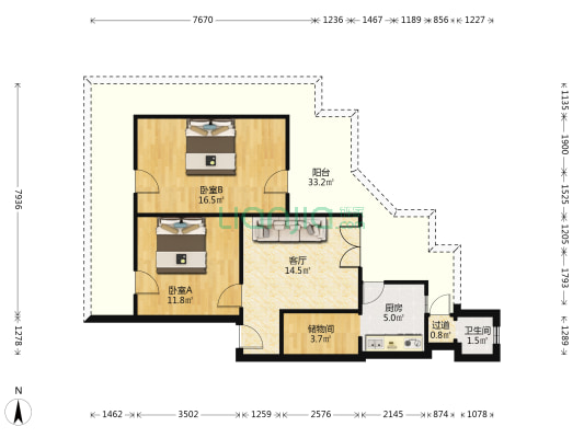 北滨路下段68号 2室1厅1卫 87平方