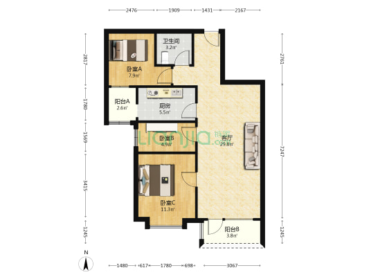 朝阳三居 户型方正 户户朝阳 央企社区-户型图