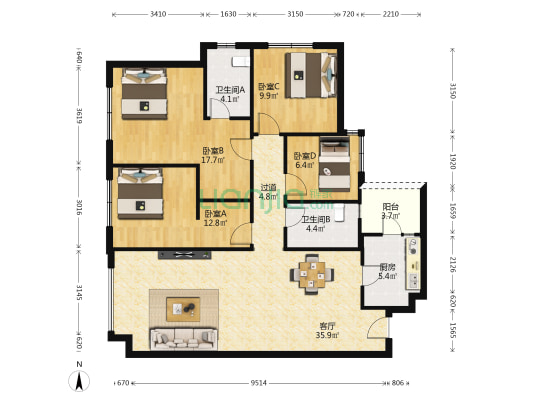 滨江彼岸 4室1厅2卫 113平方