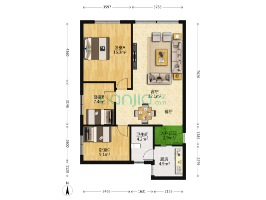 瀚高花园 3室1厅1卫 87平方