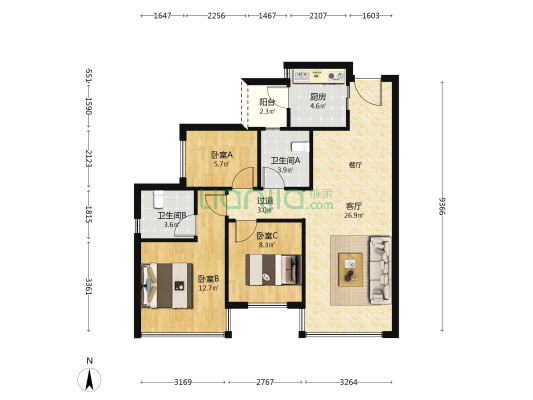 华润置地天府幸福里 3室1厅2卫 88平方