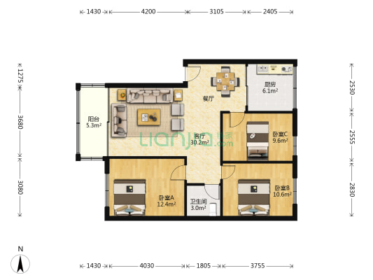 香华花园 3室1厅1卫 90平方