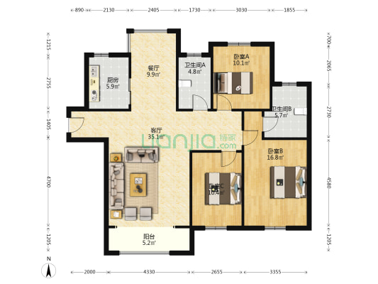 融辉清华园F2区 3室2厅2卫 125平方