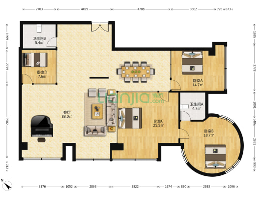 海涯国际大厦 4室1厅2卫 214平方