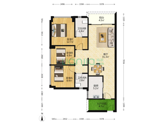 碧桂园玺悦 3室1厅2卫 99平方