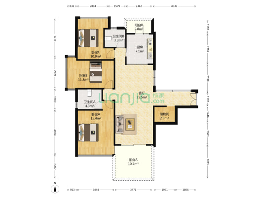 中旅国际公馆2期 3室1厅2卫 117平方