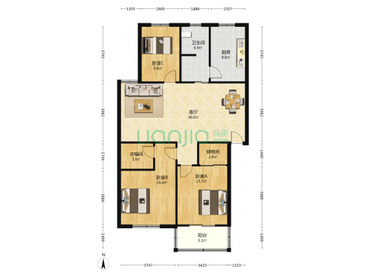 沿河花园小区 3室1厅1卫 115平方