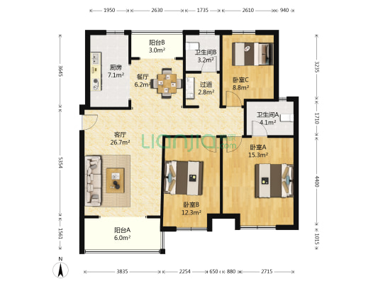 上公馆 3室2厅2卫 124平方