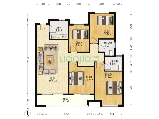 阳逻万达广场御江 4室1厅2卫 128平方