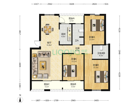 中博富贵世家 3室1厅2卫 113平方