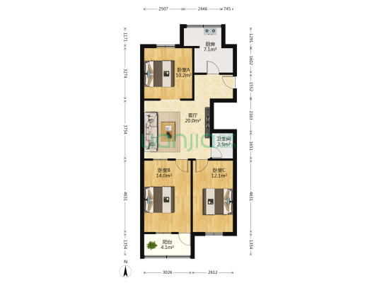 引洪路6号院 3室1厅1卫 80平方